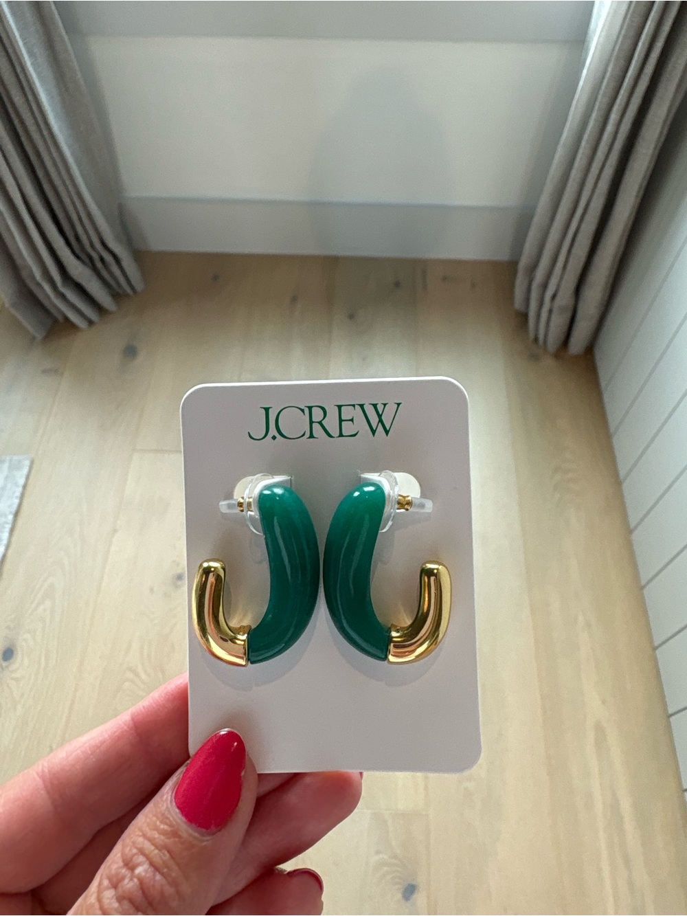 J. Crew Green Enamel and Gold Dual-Curved Hoop Earrings